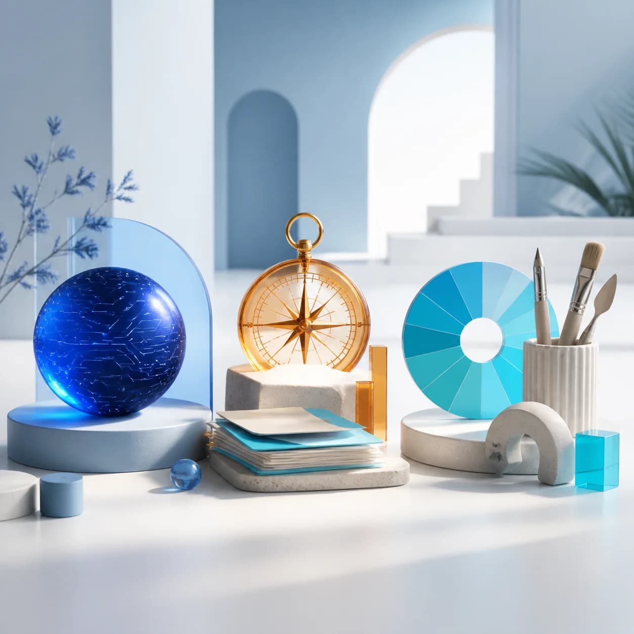 A visual still life representing technology, business, and creative learning pathways
